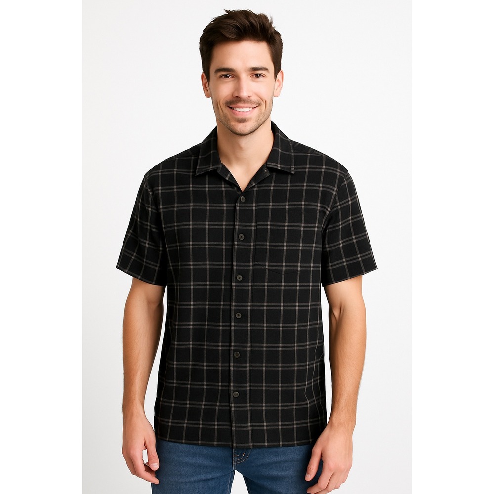 Neiman Marcus Men's Silk Blend Short Sleeve Button Shirt Black Gray Plaid XL